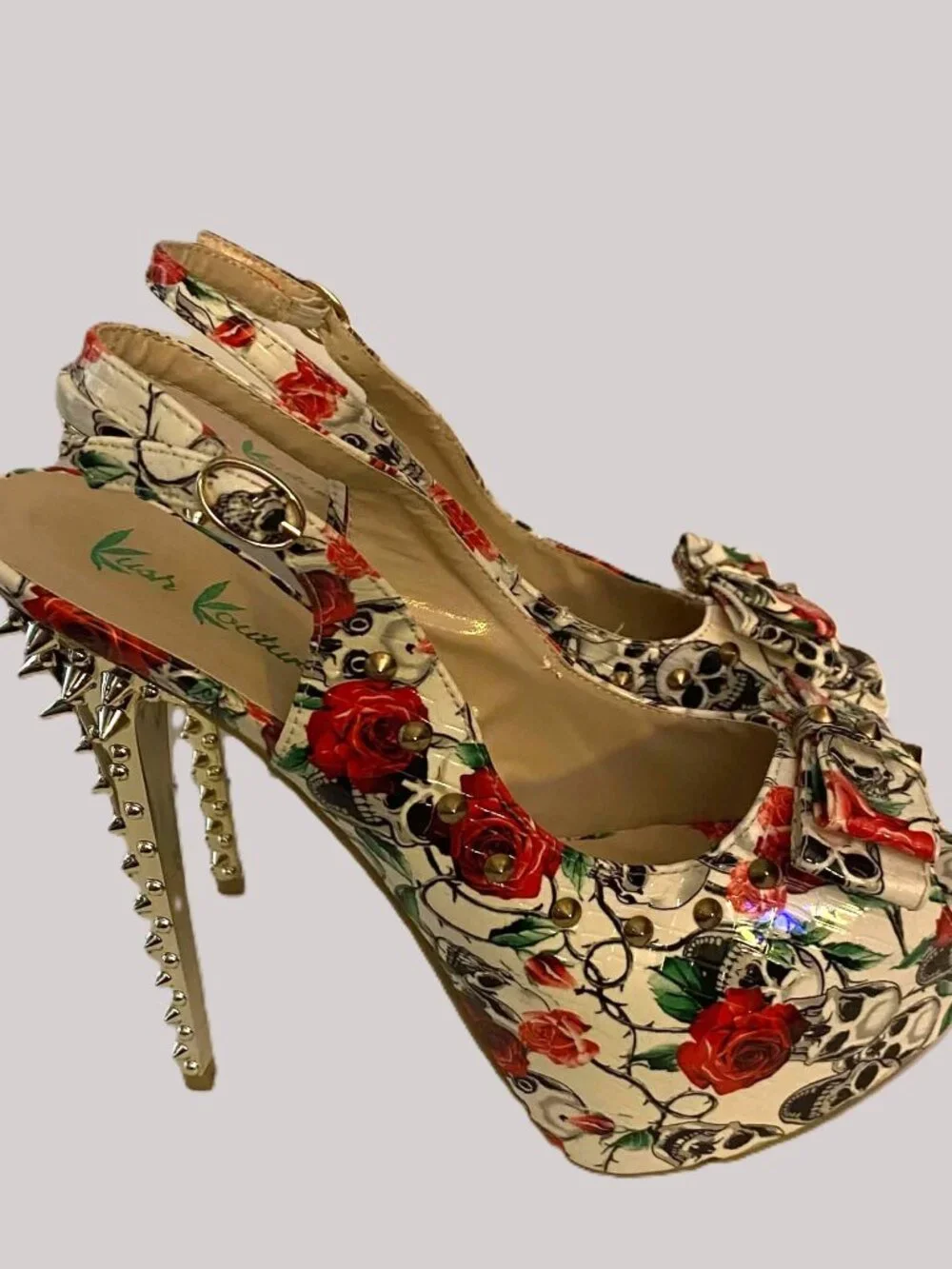 Kush Kouture Gothic Skull Rose Platform Pumps Spiked Heel Slingback Size 11